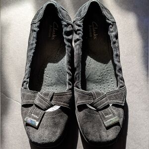 Clarks Artisan Casual Suede Flats with Bow and silver Detail.